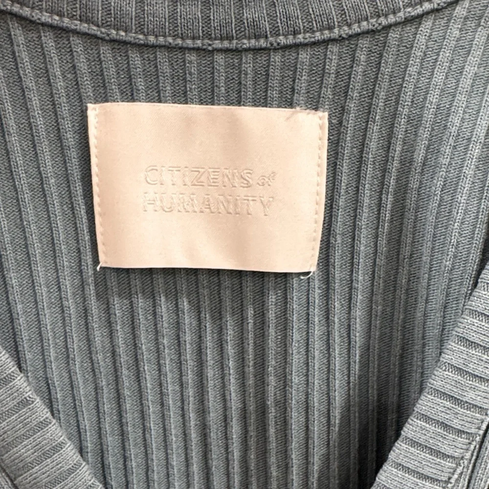 Citizens Of Humanity Ribbed V-Neck Button Cardigan in Dusty Teal - Picture 2 of 16